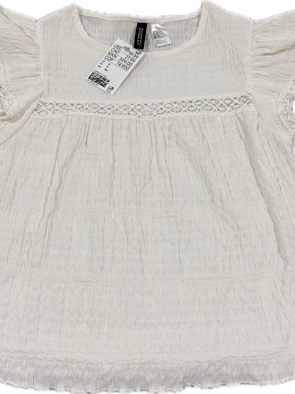 H&M Divided Off-White/Ivory Smocked Flutter Sleeve Top | Size Small | NWT